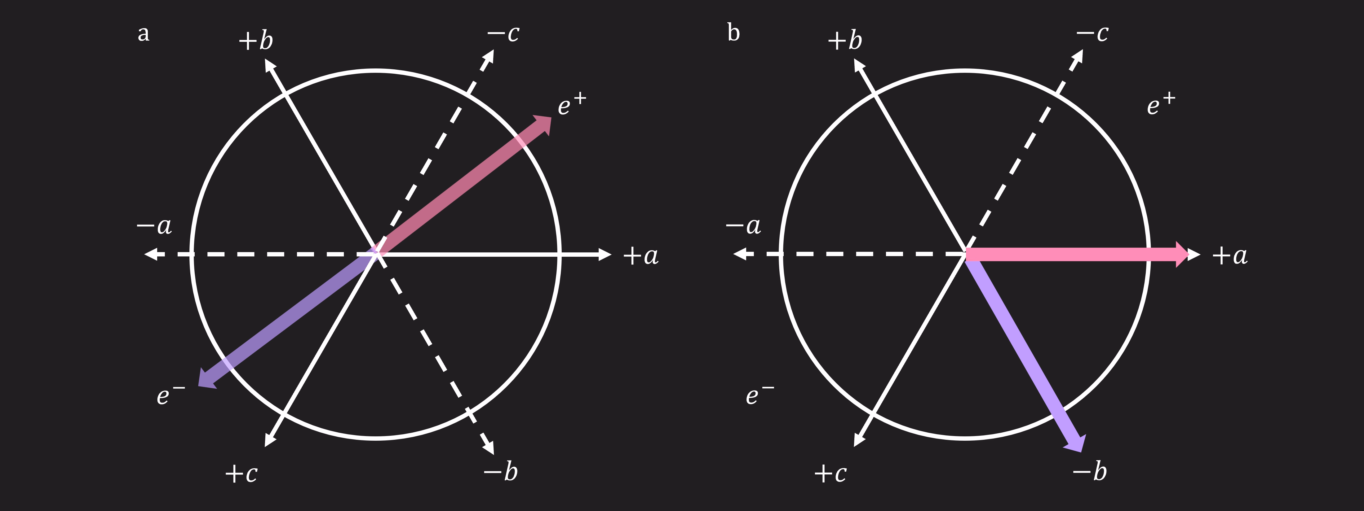 Un diagrama que muestra dos vectores de espín iniciales, seguidos de posibles mediciones a lo largo de tres líneas, a, b y c, cada una con una dirección positiva y negativa. Dado que estos ejes no son mutuamente perpendiculares, Lucas y Rihanna no medirán espines en direcciones opuestas a menos que casualmente elijan medir a lo largo de los mismos ejes.