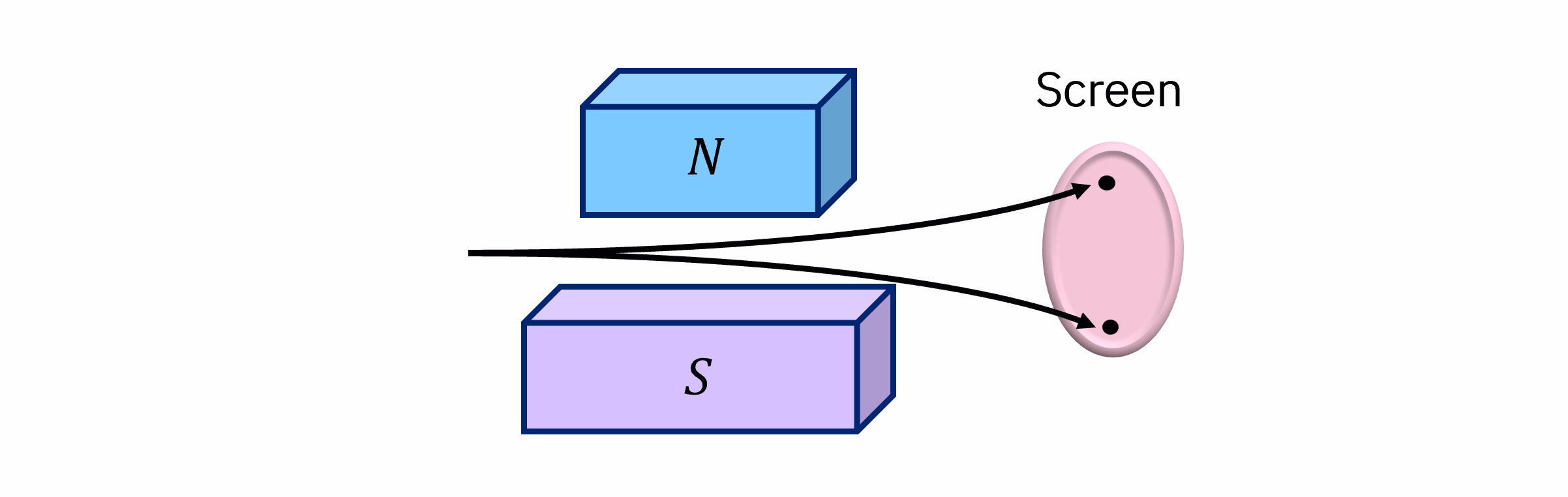 Diagrama de un haz de partículas siendo deflectadas hacia arriba o hacia abajo, golpeando uno de dos puntos en una pantalla, sin partículas entre estos dos máximos