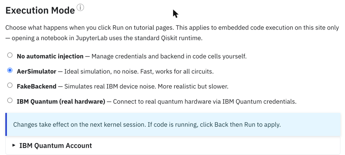 El ajuste Modo de ejecución: AerSimulator, FakeBackend o IBM Quantum (hardware real).